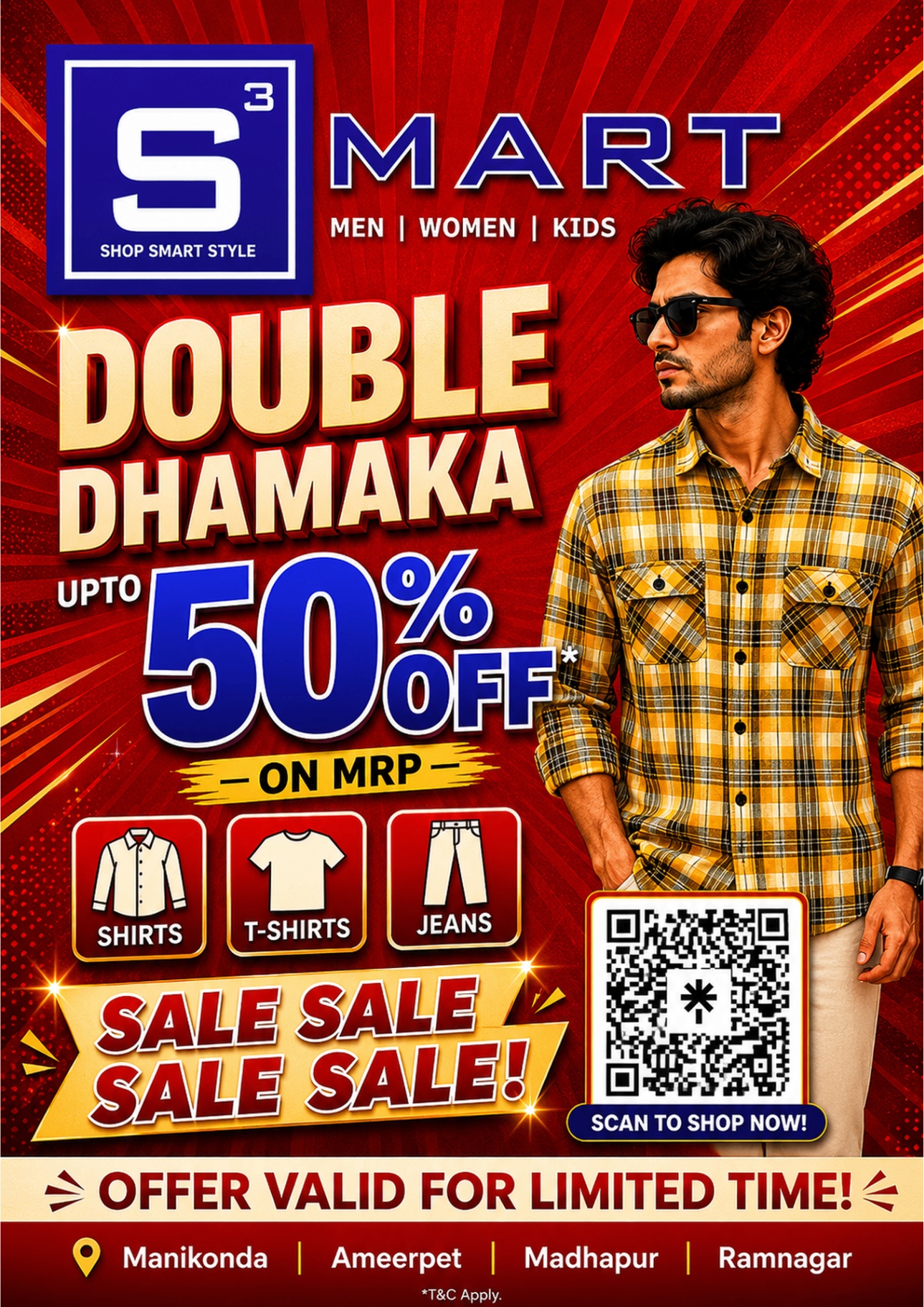 S3 Mart Double Dhamaka — Upto 50% off on MRP on Shirts, T-Shirts and Jeans